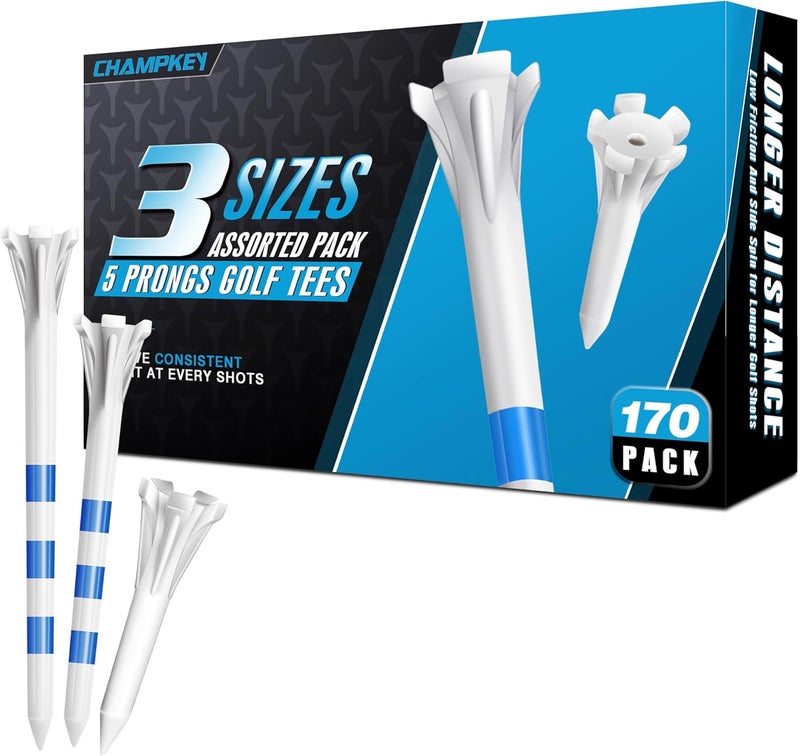 Champkey Professional 170 Pack 5-Prong Plastic Golf Tees 3 Sizes Assorted Pack - 100 Pcs 3-1/4" with 40 Pcs 2-3/4" and 30Pcs 1-1/2" Golf Tees Plastic - Image 1